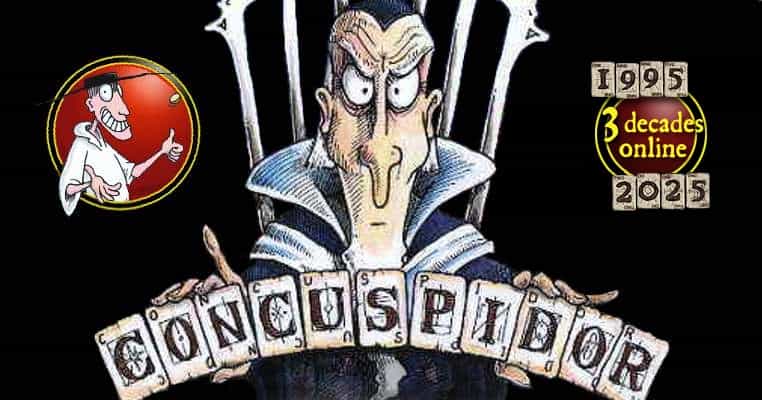 the Grand Wizard of Many Things holds up cards that spell out 'CONCUSPIDOR', with a portrait of a grinning man in a wide-brimmed hat tossing a coin, and a badge labelled '1995–2025: 3 decades online'
