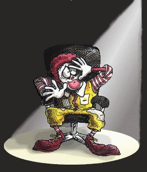 McSpotlight cartoon: Ronald McDonald in a spotlight in a 'Mastermind'-style chair