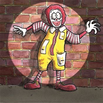 McSpotlight cartoon: Ronald McDonald caught in a spotlight against a brick wall